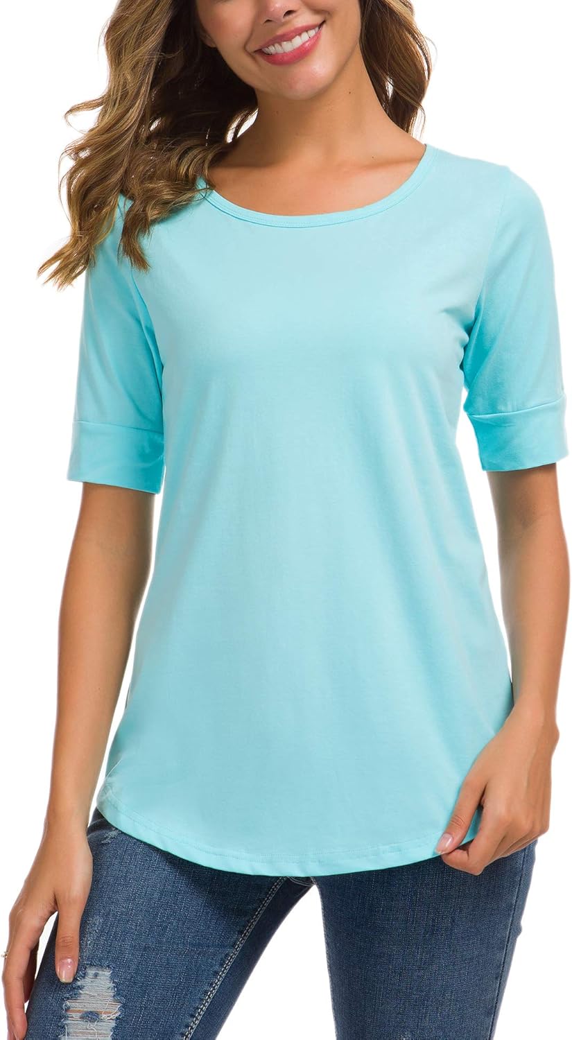Womens Cotton Tops Summer Casual Fitted T Shirt Half Sleeve Tunic Comfy Tee - Image 5