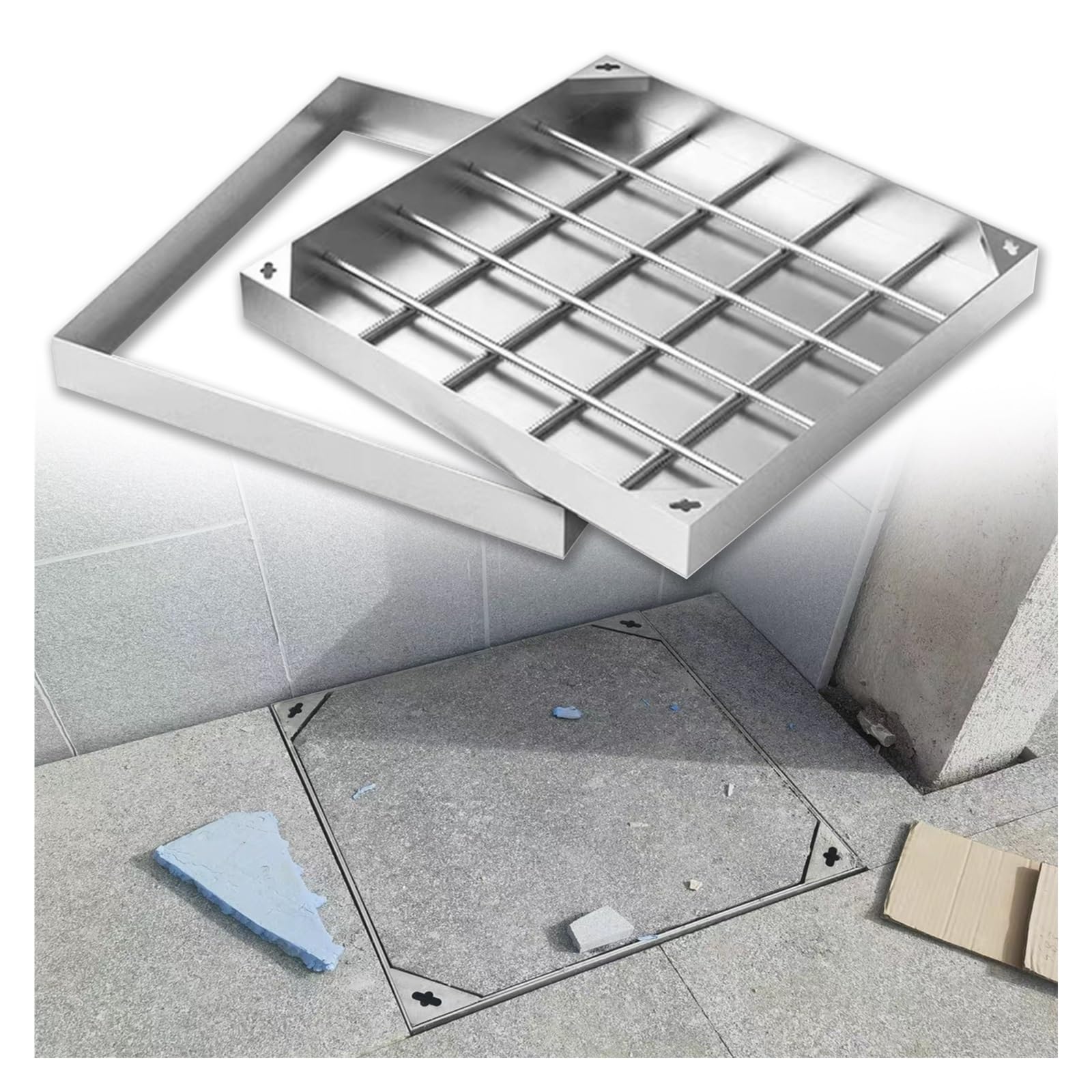 Couvercle de regard 55x55 cm en acier inoxydable affleurant pour pavage de parking
