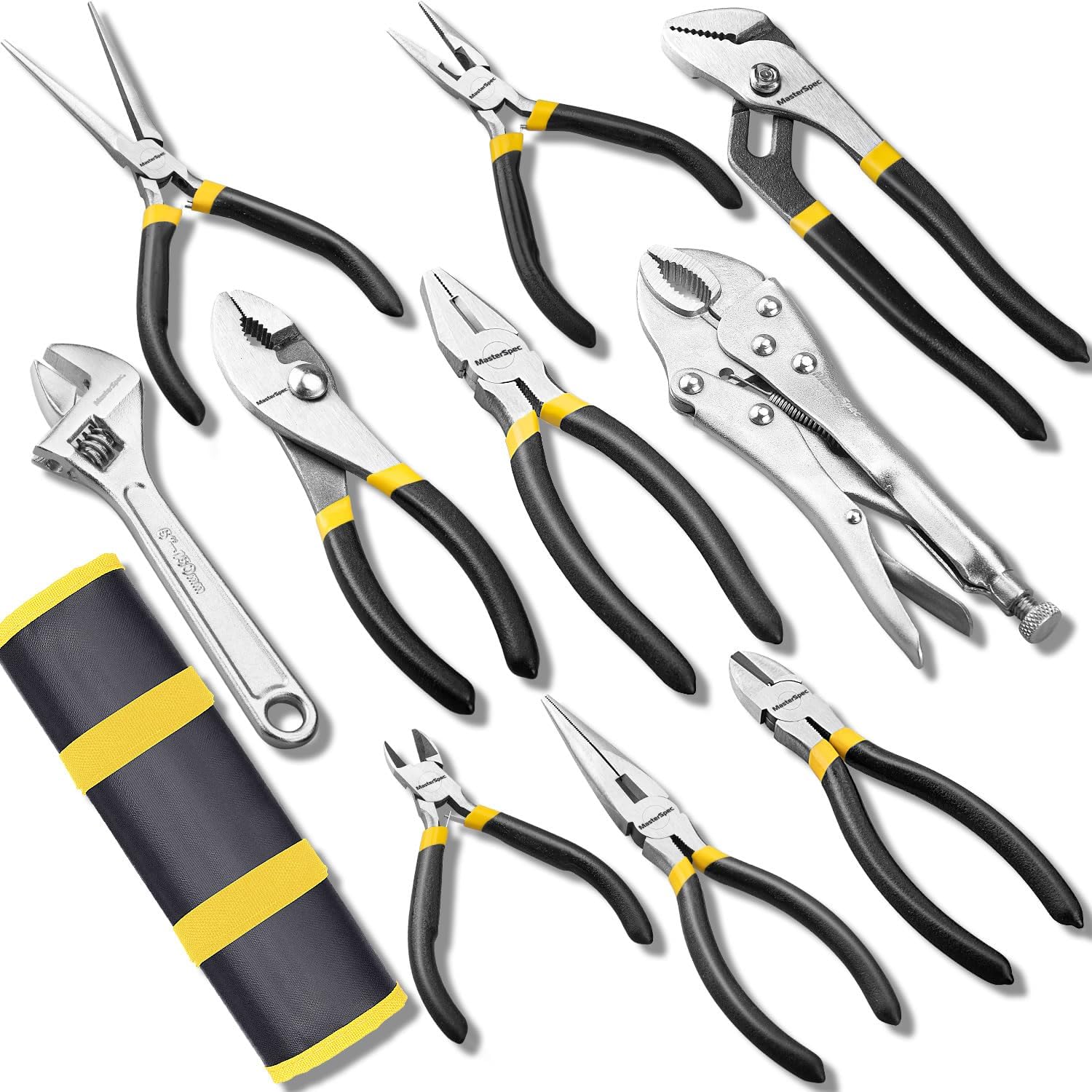 MasterSpec 10pcs Hand Tool Set: Pliers Set - Multi-Grip (Long Nose, Slip Joint, Diagonal, Combination, Jaw Locking, Water Pump Pliers, Adjustable Spanner) for Home & Industry