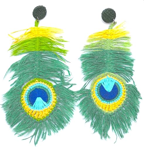 Handmade Peacock Crochet Maxi Earrings - Natural Fibers & Upcycled Materials - Eco-friendly Sustainable Handcrafted Jewelry - Exclusive & Unique