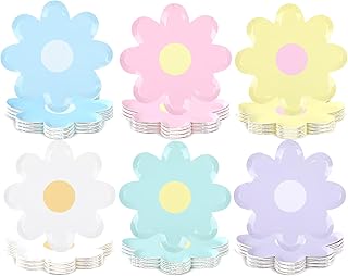 60PCS Daisy Floral Paper Plates for Boho Pastel Daisy Birthday Party Decorations Flower Shaped Disposable Dessert Dinner Cake Plates for Baby Shower Bridal Wedding Party Supplie Serve 60 Guest