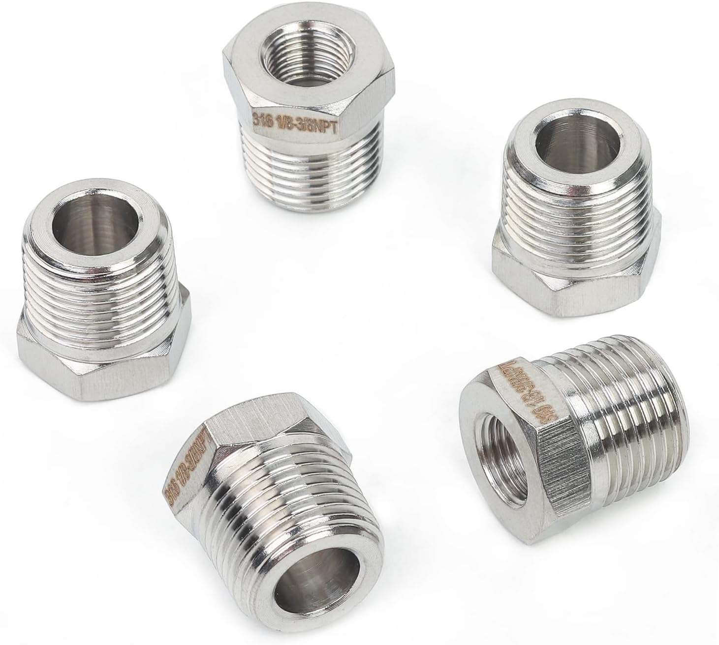 LTWFITTING Bar Production Stainless Steel 316 Pipe Hex Bushing Reducer Fittings 3/8" Male x 1/8" Female NPT Fuel Water Boat (Pack of 5)