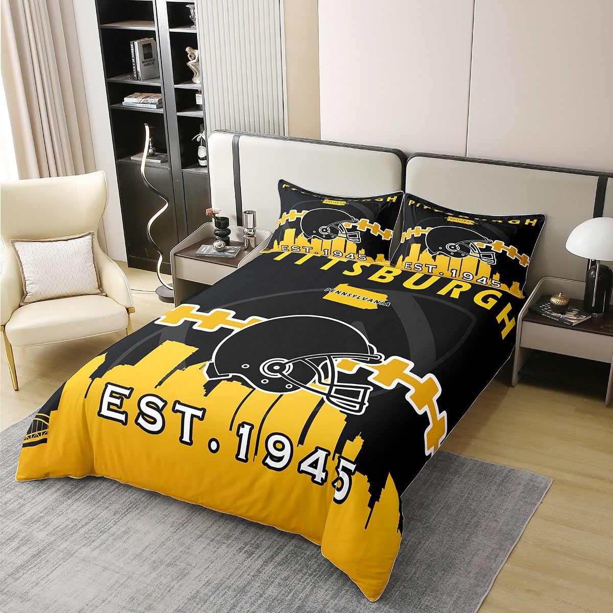 Rugby 100% Organic Cotton Duvet Cover for Kids Boys Girls, American Football Lovers Bedding Set King, Football Player Bed Sets with 2 Pillow Shams