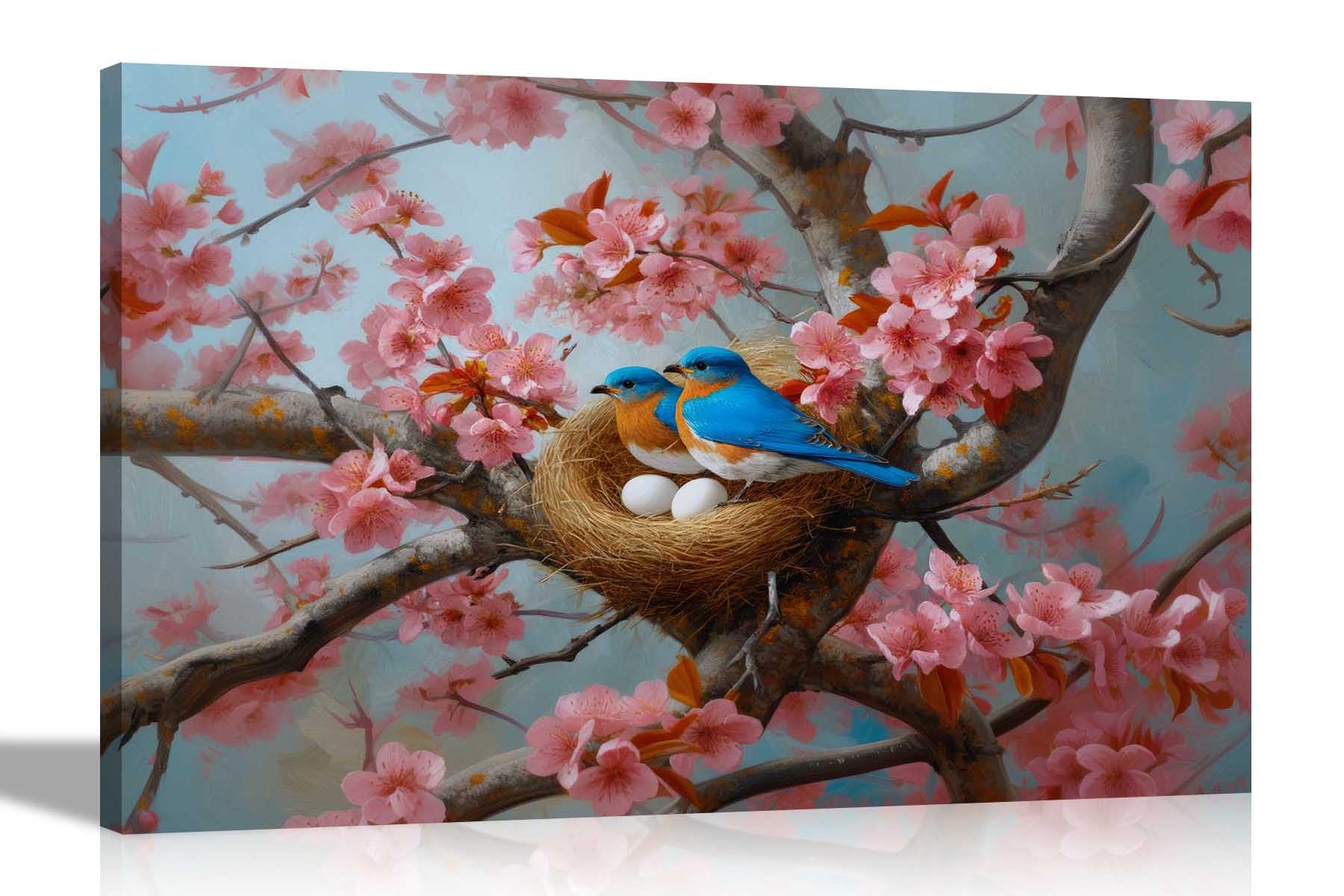 Artley Prints Pink Blossom Bird Nest - Blue Birds Nest Pink Blossom Tree Canvas Prints Home Living Room Nature Wall Art Pictures 60 X 40Cm (24 X 16 Inches) A2
