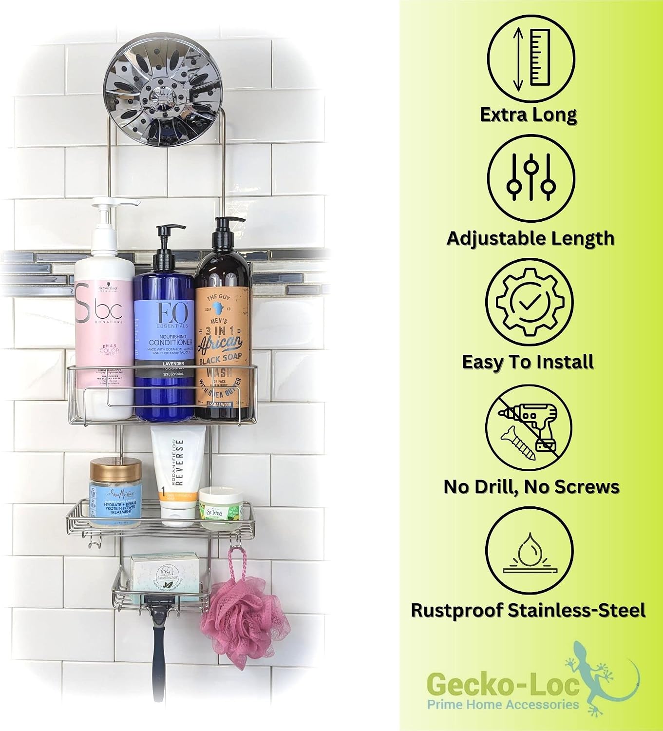 Gecko-Loc Long Adjustable Length Deep Storage Over the Showerhead Hanging Shower Caddy Organizer - Silver