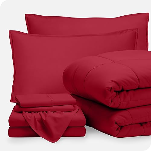Bare Home Bed-in-A-Bag 7 Piece Comforter & Sheet Set - Queen - Goose Down Alternative - Ultra-Soft 1800 Premium - Bedding Set (Queen, Red/Red)