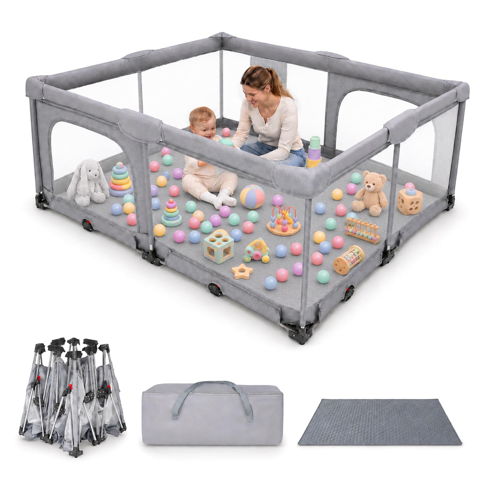 Box Pieghevole per Bambini 180 x 150 cm con Rete Traspirante | 2 Ingressi Laterali, Bordi Morbidi, Interno ed Esterno, Senza Montaggio, Anelli per Trazioni