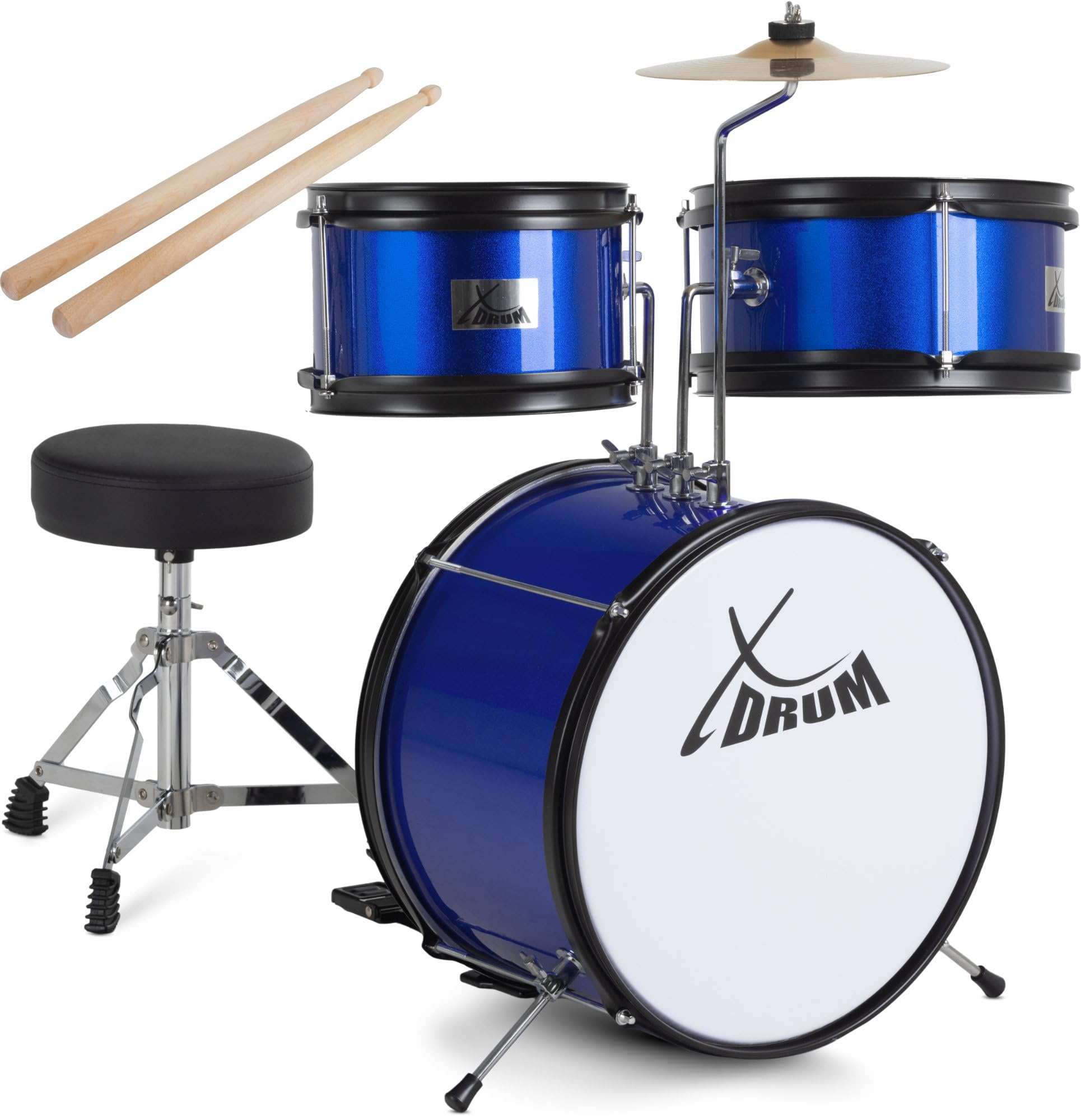 XDrum Junior KIDS Schlagzeug inkl. Schule - Kompaktes Kinderschlagzeug - Für Kinder im Alter von 3-5 Jahren - Kinderleichter Aufbau - Mit Schule, Hocker, Drumsticks & Stimmschlüssel - Blau