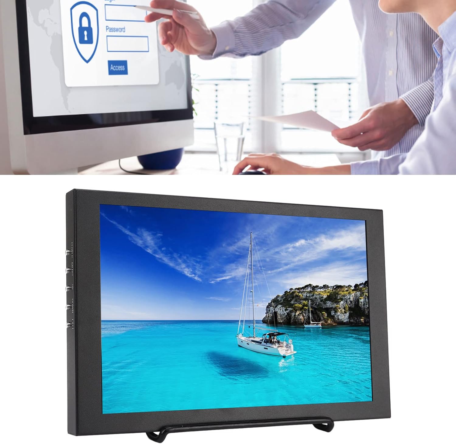 Bewinner 10.1 Inch Portable Touchscreen Monitor used in an office environment, showing its application for tasks requiring a secondary display or touch input.