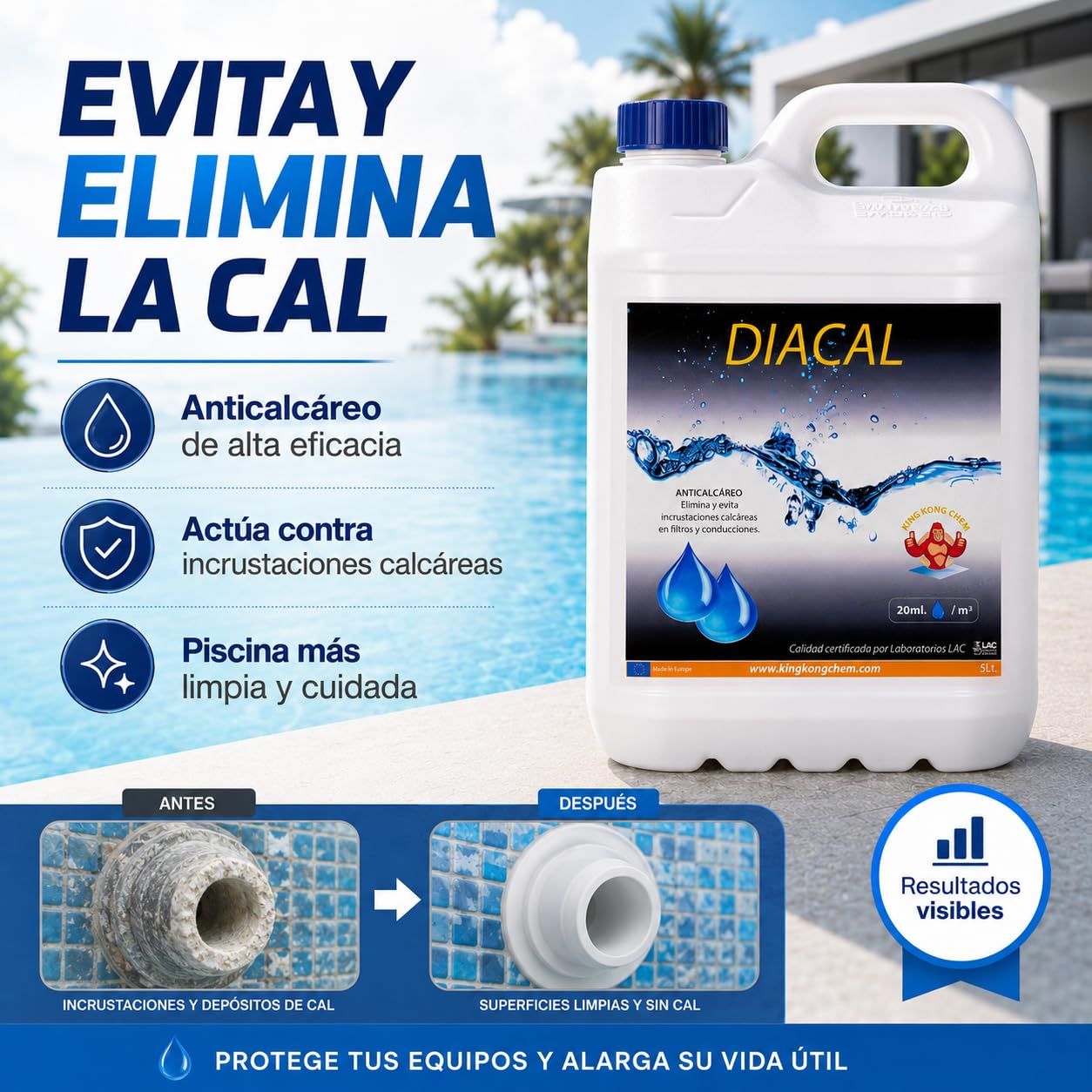 DIACAL 5 LITROS Anticalcáreo y Anti-Incrustante Filtros y Conducciones Piscinas 5 litros - Previene Corrosión - Evita y Elimina Incrustaciones Calcáreas