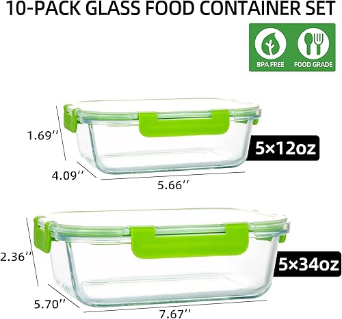 Miniatura 2 de UMEIED Paquete de 10 recipientes de vidrio para almacenamiento de alimentos con tapas a prueba de fugas, recipientes herméticos de vidrio para