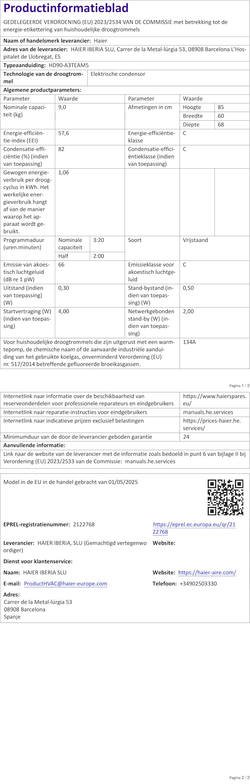 Haier Wärmepumpentrockner 9kg I-PRO Serie 5 HD90-A3TEAM5 | Smart Home: Wi-Fi & hOn App, Inverter-Motor, 3 Trockenstufen wählbar, Edelstahltrommel, I-Refresh Dampfprogramm