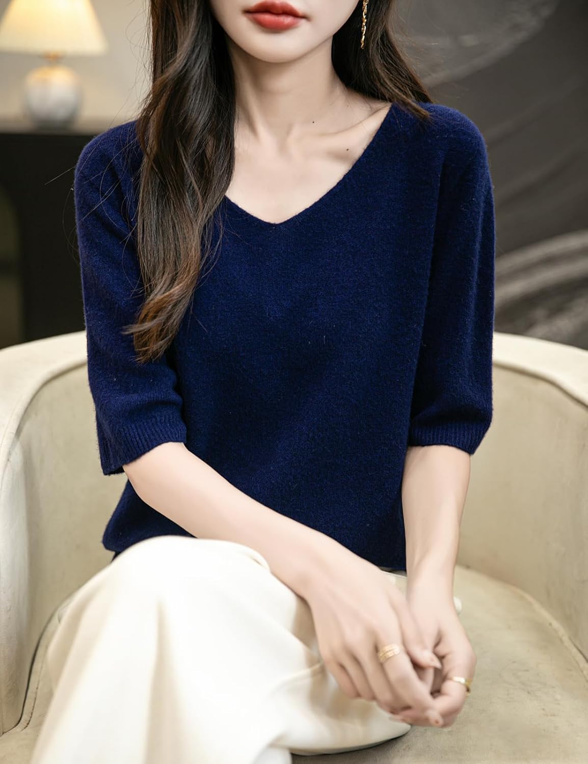 Chanyarn Women's V-Neck 100% Merino Wool Spring Fall Winter First-Line Ready to Wear Seamless Knit Shirt Short Sleeve Sweater - Image 2