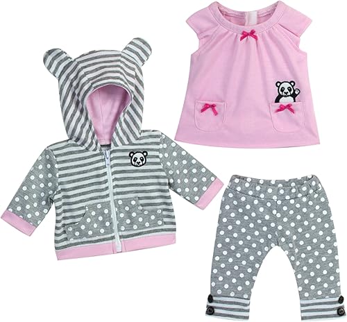 Sophia's El traje de muñeca de bebé incluye sudadera con capucha de oso panda, túnica rosa y leggings de lunares grises, juego de 3 piezas para