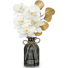Oairse Artificial Orchids Flowers in Vase Faux Orchids Arrangement Small White Orchid & Eucalyptus Plant with Glass Vase Fake Phalaenopsis Orchid Centerpiece for Bathroom Bedroom Dining Room Table