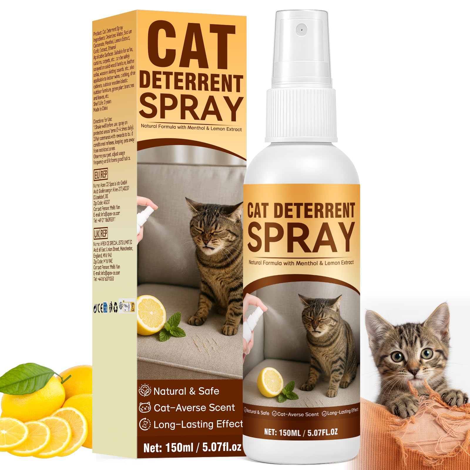 Repellente per Gatti Spray 150ml Naturale per Interni & Esterni, Protegge Divani Tappeti da Graffi