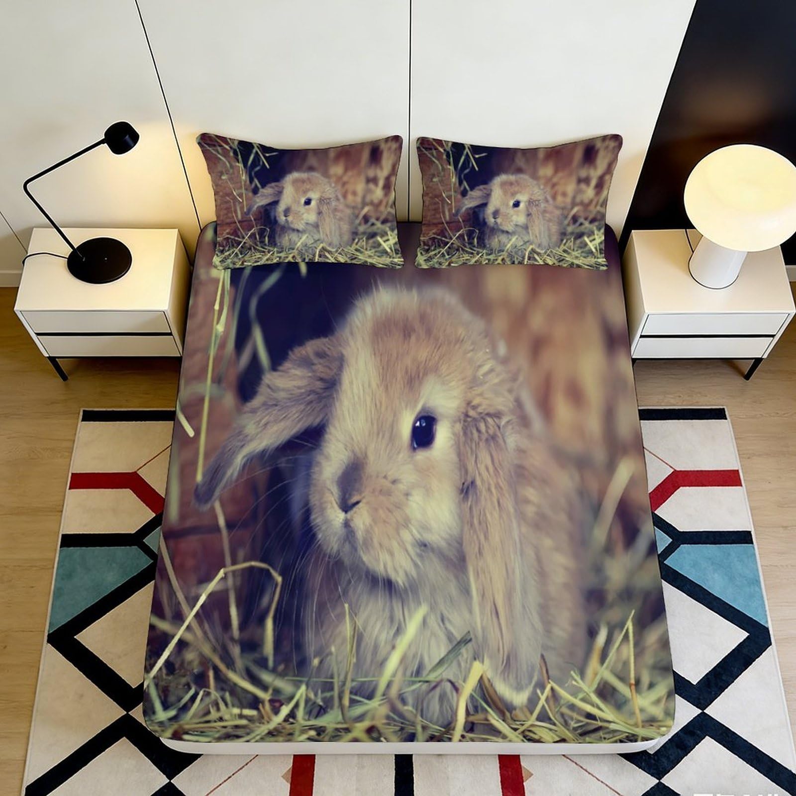 3D Printed Cute Bunny Fitted Sheet Microfiber Soft Non-slip Mattress Cover for Bedroom Dorm Apartment Decor, Easy Care, Beige 140x200x25cm