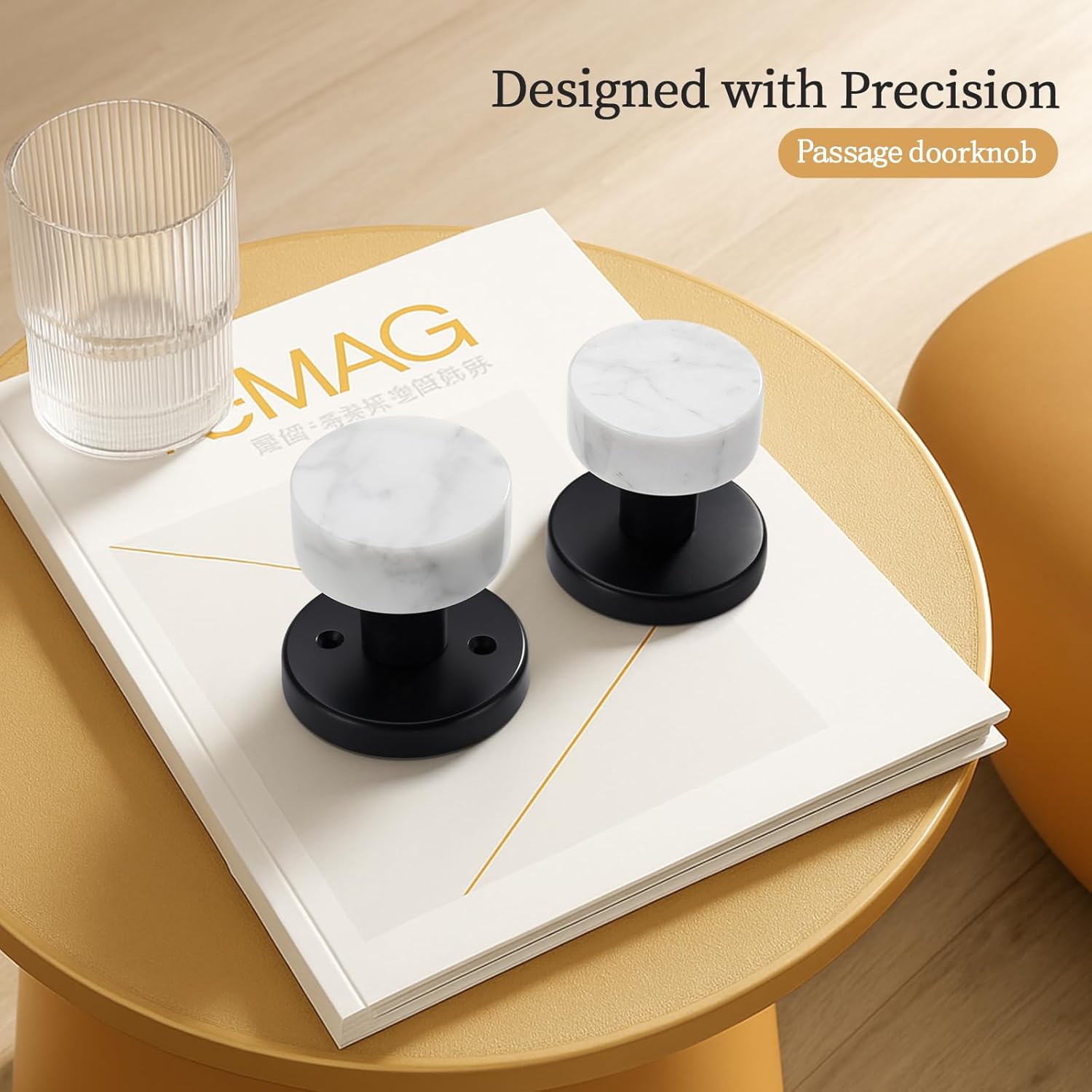 Modern White Marble Door Knob with Matte Black Rosette, Passage Interior Door Handle for Hallway and Closet, Non-Locking Design