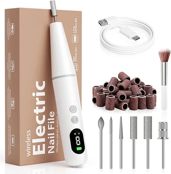 Electric Nail Drill Kit Professional - 9 Speed Cordless Electric Nail File with LED Display, Portable Nail Drill Machine for Acrylic Gel Nails, Hand Feet Trimmer Buffer Tool for Women Men Baby White