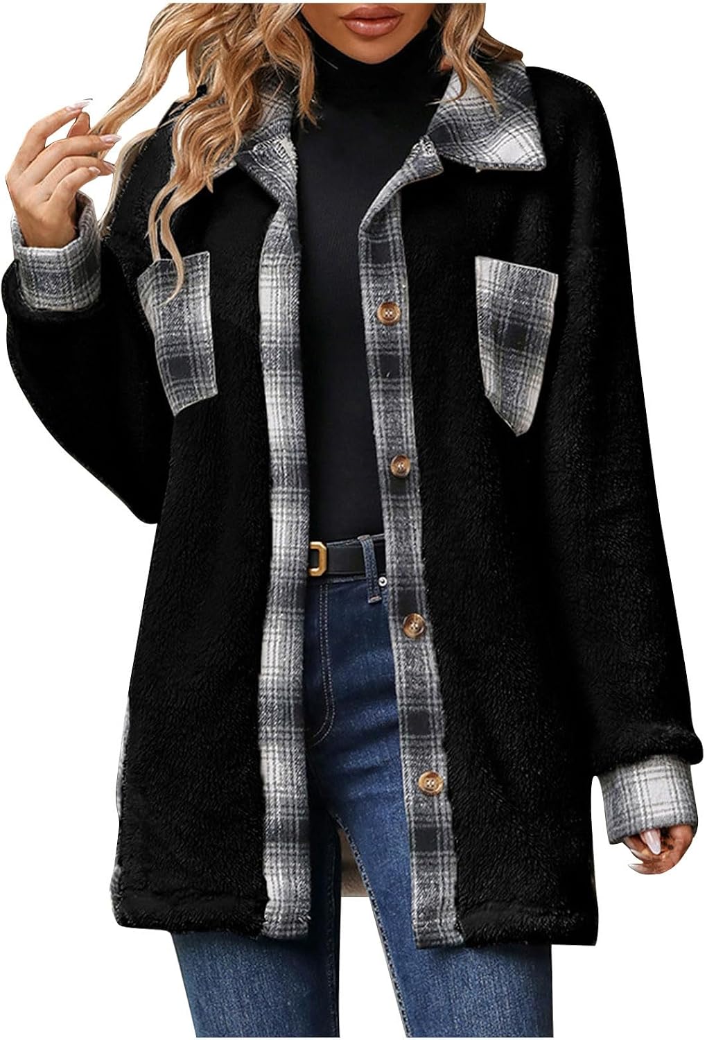 Stylish Sherpa Winter Jackets for Women: Button Down Plaid Shackets with Fuzzy Plush Coats for Trendy Warmth