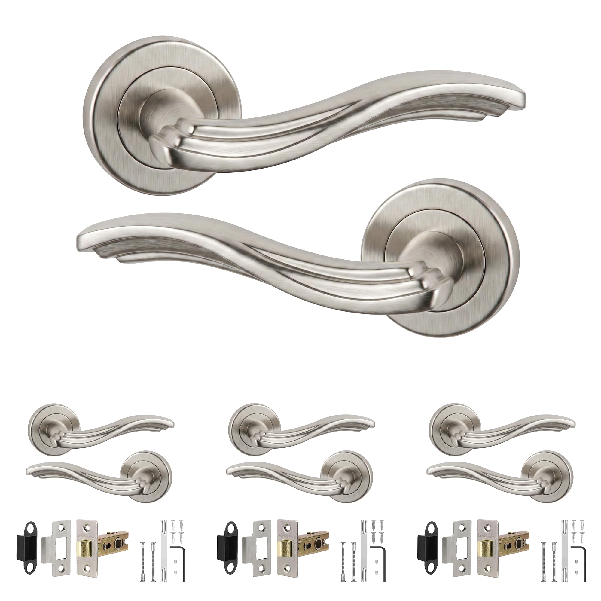 Decoranddecor Solace Satin Nickel Door Handles, Latch Kit 76mm 4 Pack