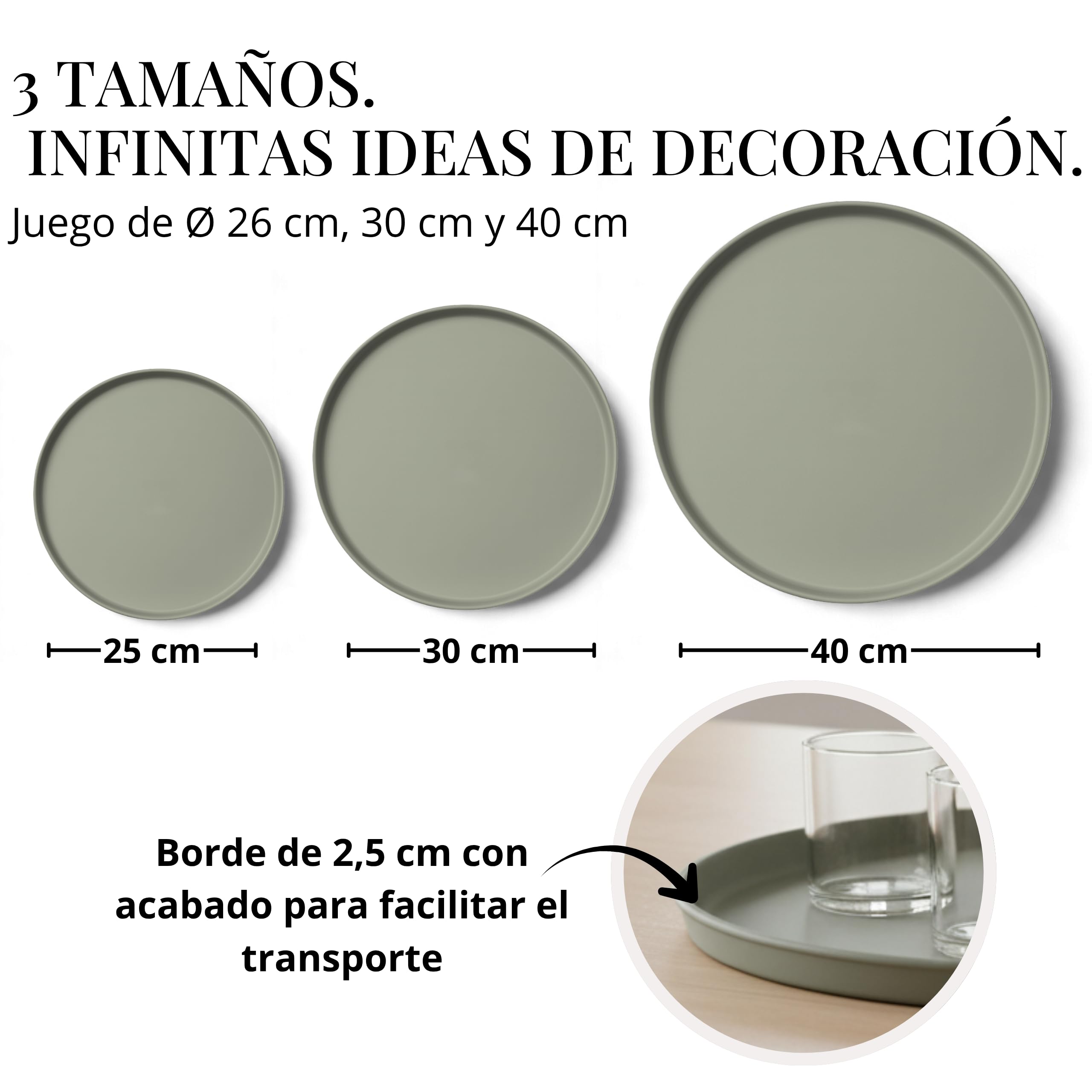 Juego de 3 bandejas decorativas redondas (25 cm, 30 cm, 40 cm), bandeja decorativa para corona de Adviento, bandeja para velas y decoración durante todo el año, elegante bandeja redonda verde
