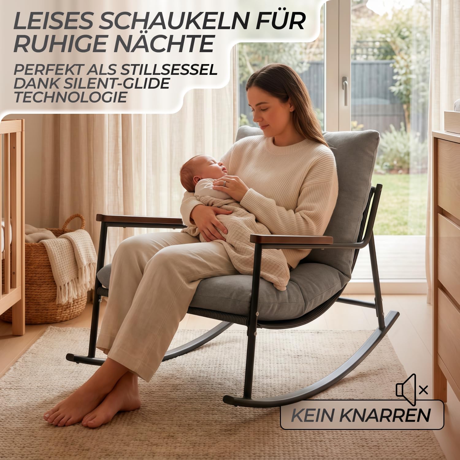 Allyson® Schaukelstuhl & Stillsessel, Cord-Stoff, bis 150 kg, Grau | Geräuschloses Wippen ohne Knarren, hohe Armlehnen entlasten beim Stillen, Schutzstreifen schonen Boden & dämpfen Geräusche