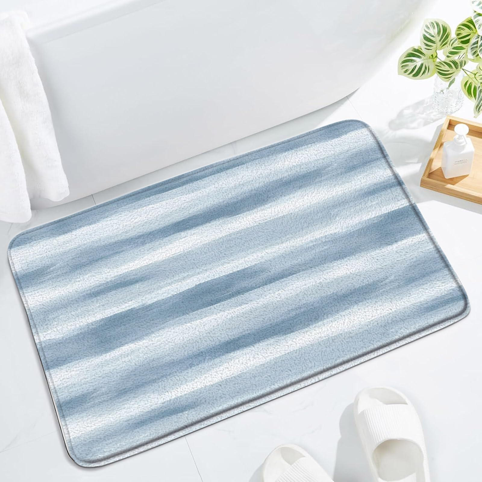 Abstract Blue Bath Mat White Striped Waves Modern Aesthetic Minimalist Art Geometric Simple Neutral Watercolor Painting Bathroom Rug