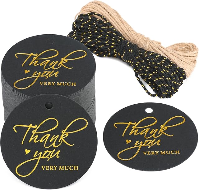 5CM Thank You Gift Tags, 100 PCS Round Kraft Paper Labels, 300g/m² Decoration Hanging Tags with 20M String for Wedding Favours