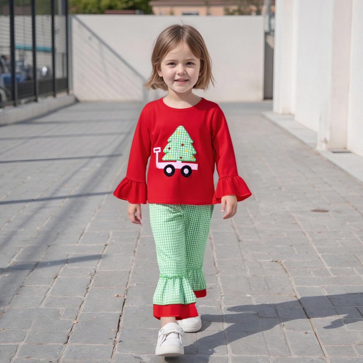 Toddler Girl Christmas Outfit Cute Christmas Tree Long Sleeve Shirt and Flared Bottoms Pants 2PCS Set - Image 3