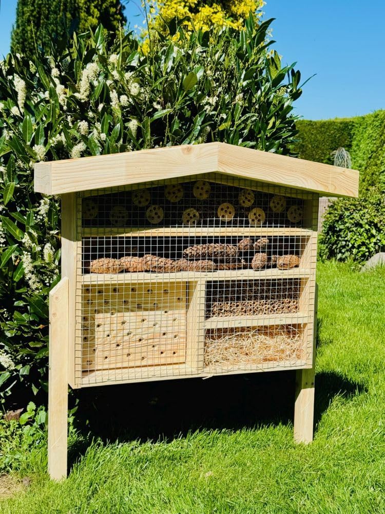 Hotel de insectos de madera XL abejas silvestres ayuda para anidar I Casa de insectos con jardinera de madera y soporte 76 x 56 x 18 cm (alto x ancho x profundidad), resistente a la intemperie