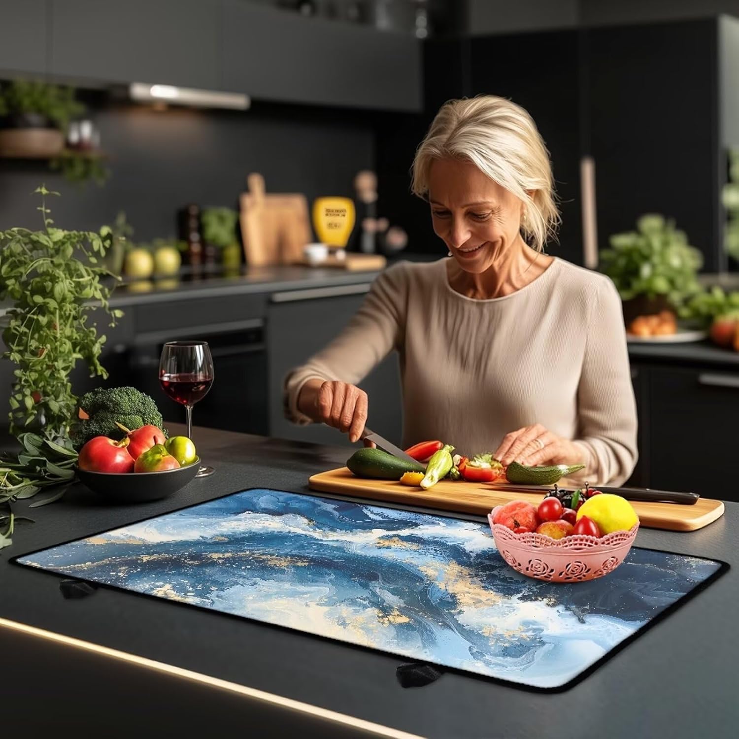 Poceacles Stove Top Cover Protector Glass Stove Guard Anti-slip Scratch Resistant Cooktop Protector Range Cover Extra Counter Space, 29'' x 21'', Gold Blue Marble