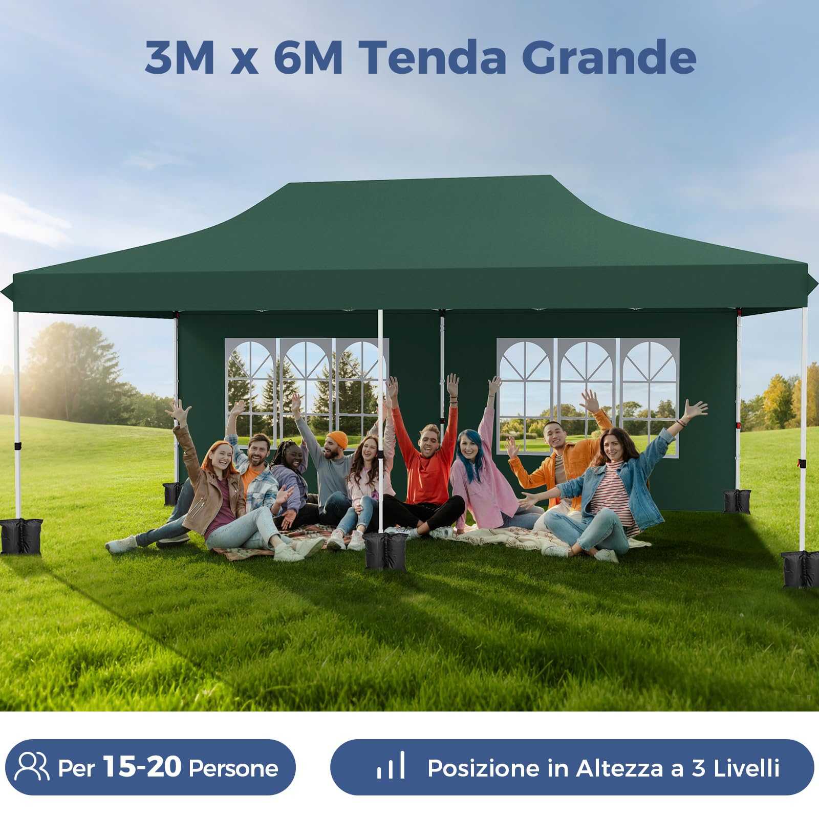 GYMAX 3 x 6 M Gazebo Pieghevole, Gazebo Esterno Resistente con 6 Parti Laterali Rimovibile, Tenda in Tessuto Oxford Impermeabile con Borsa, per Giardino, Campeggio (Verde)