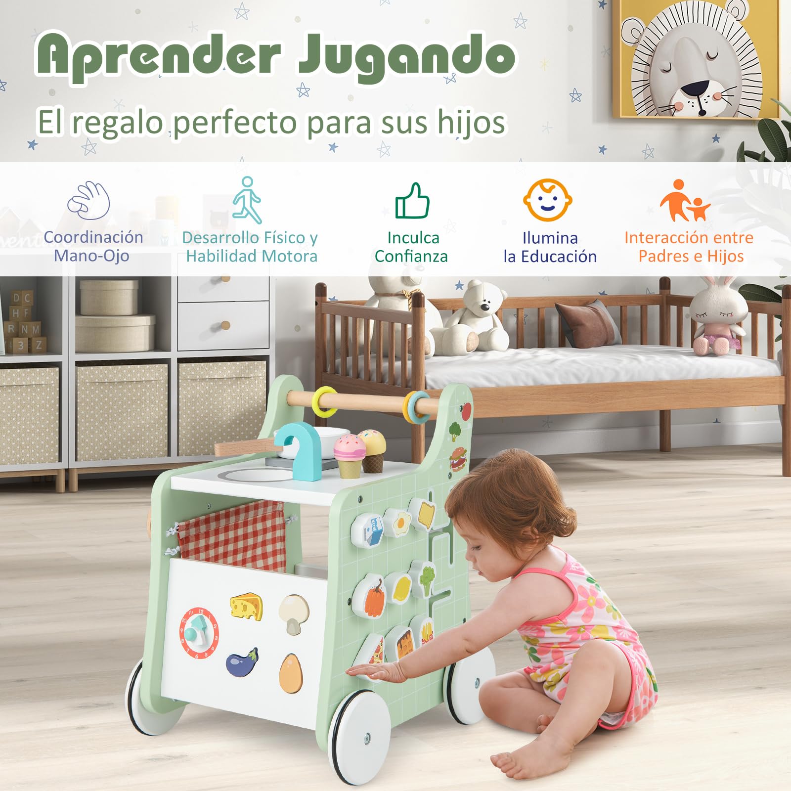 COSTWAY Andador Bebes de Madera 6 en 1, Carrito de Madera para Bebés, Centro de Actividades de Aprendizaje para Empujar y Jalar para Bebés con Cocina, Reloj, para Bebés de 12+ Meses (Verde)
