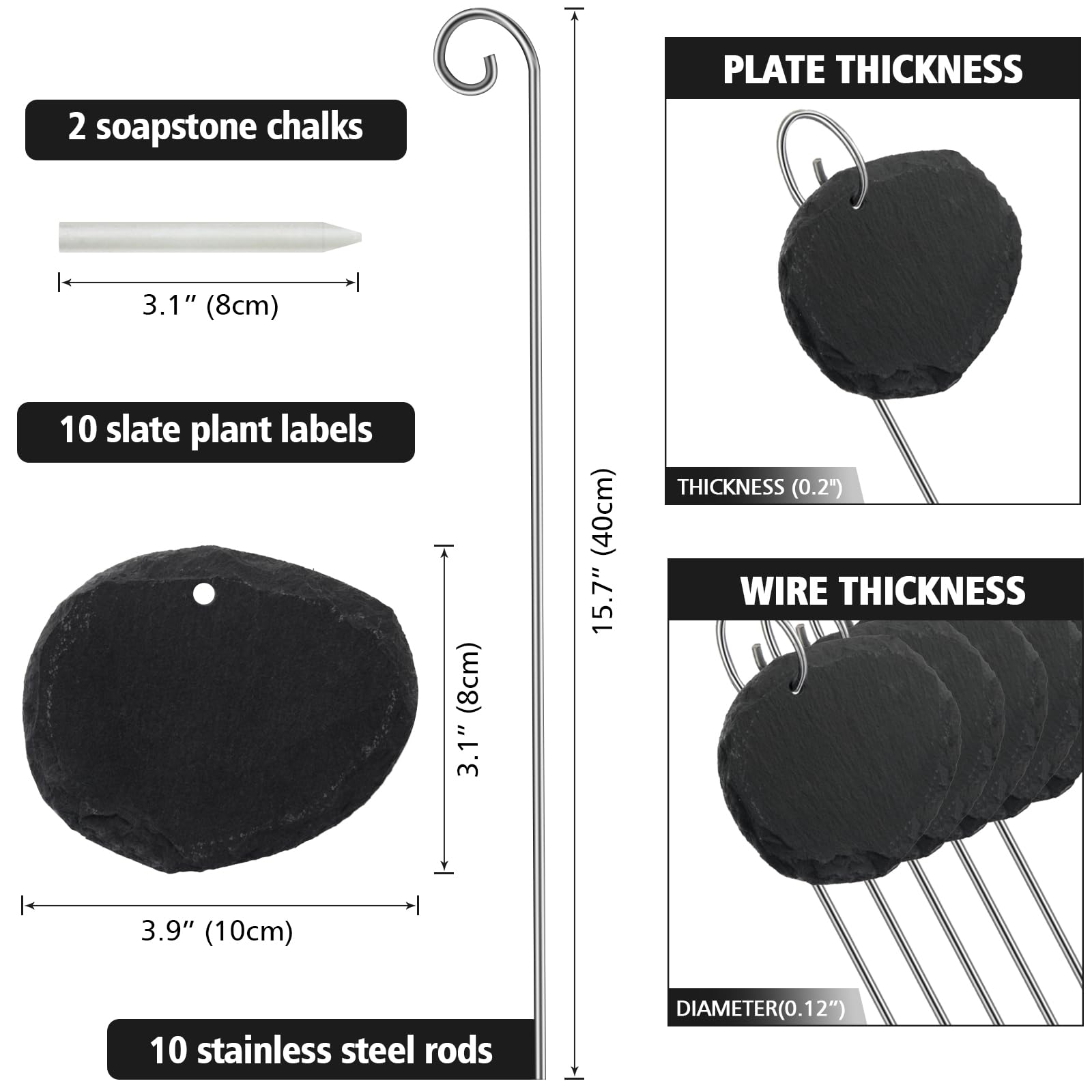 Poeland Placas de pizarra para plantas | resistentes a la intemperie, reutilizables, juego de 10 carteles de pizarra con varilla de metal ovalada