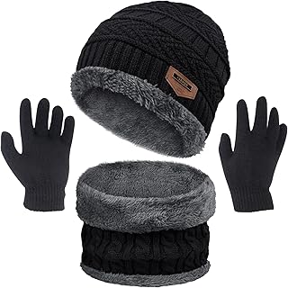 3 Pcs Boys Girls Winter Beanie Hat Scarf Gloves Set Thick Knitted Warm Toddler Winter Hat Mittens Neck Warmer for Kids, Bl...