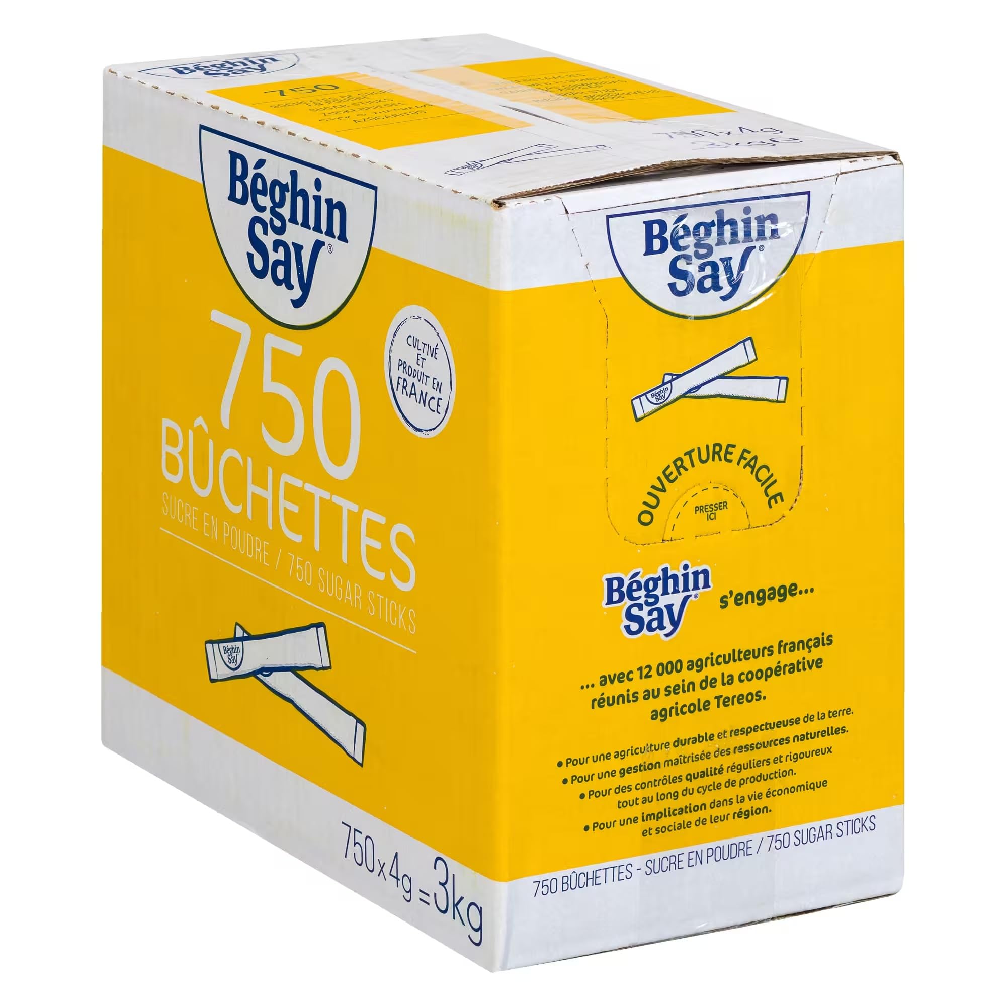 Sucre Blanc en Poudre BEGHIN SAY – Boîte distributrice de 750 Bûchettes Stics 4 g (3 kg) – Idéal pour Les Professionnels – Offre Spéciale
