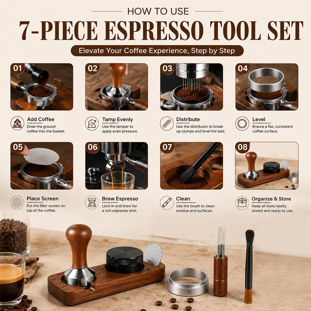 Kit Barista 51mm, HOVCEH Kit Cafe, Kit Barista Café 7 Piezas Incluye Prensador, Herramienta WDT, Distribuidor, Embudo de Dosificación, Rejilla para Discos, Estación de Prensado y Cepillo de Limpieza
