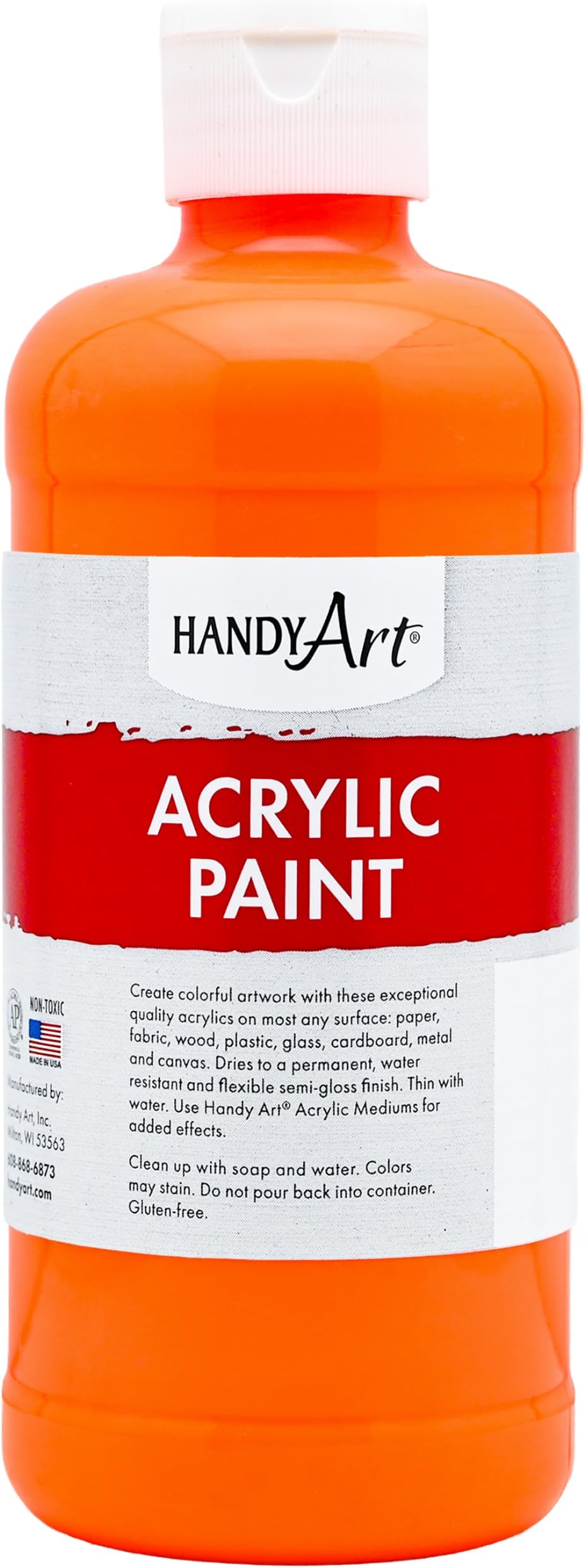 Acrylic Paint, Fluorescent Neon Orange, 16 oz Bottle, Semi-Gloss | Fluid Acrylic, Creamy Flow Consistency, Rich Brilliant Color, Highly Pigmented, Certified Safe & AP Non-Toxic, Made in USA