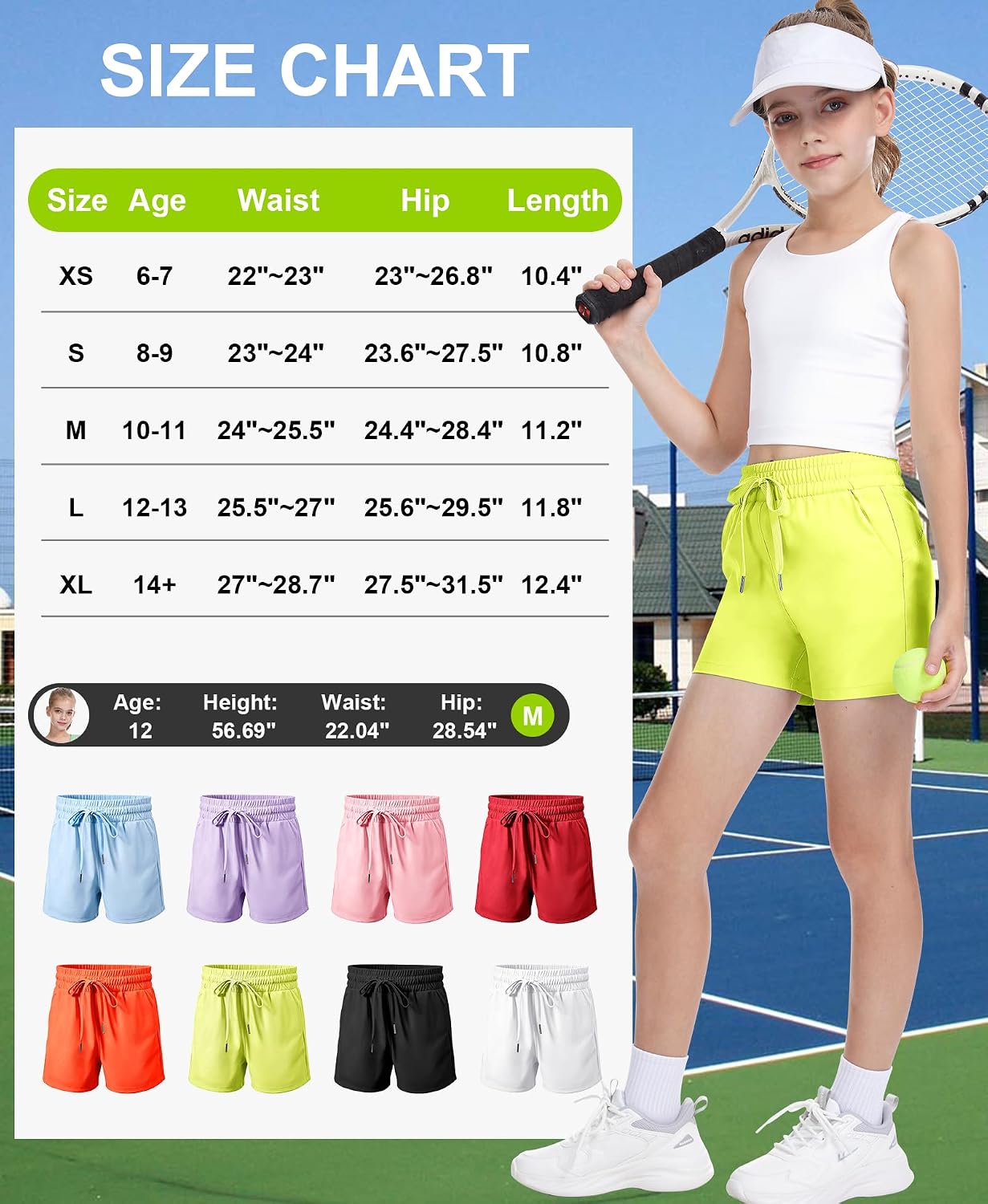 QooNoo Girls Athletic Shorts with Pockets Lightweight Active Running Shorts Elastic Waist Quick Dry Shorts for Teen Kids