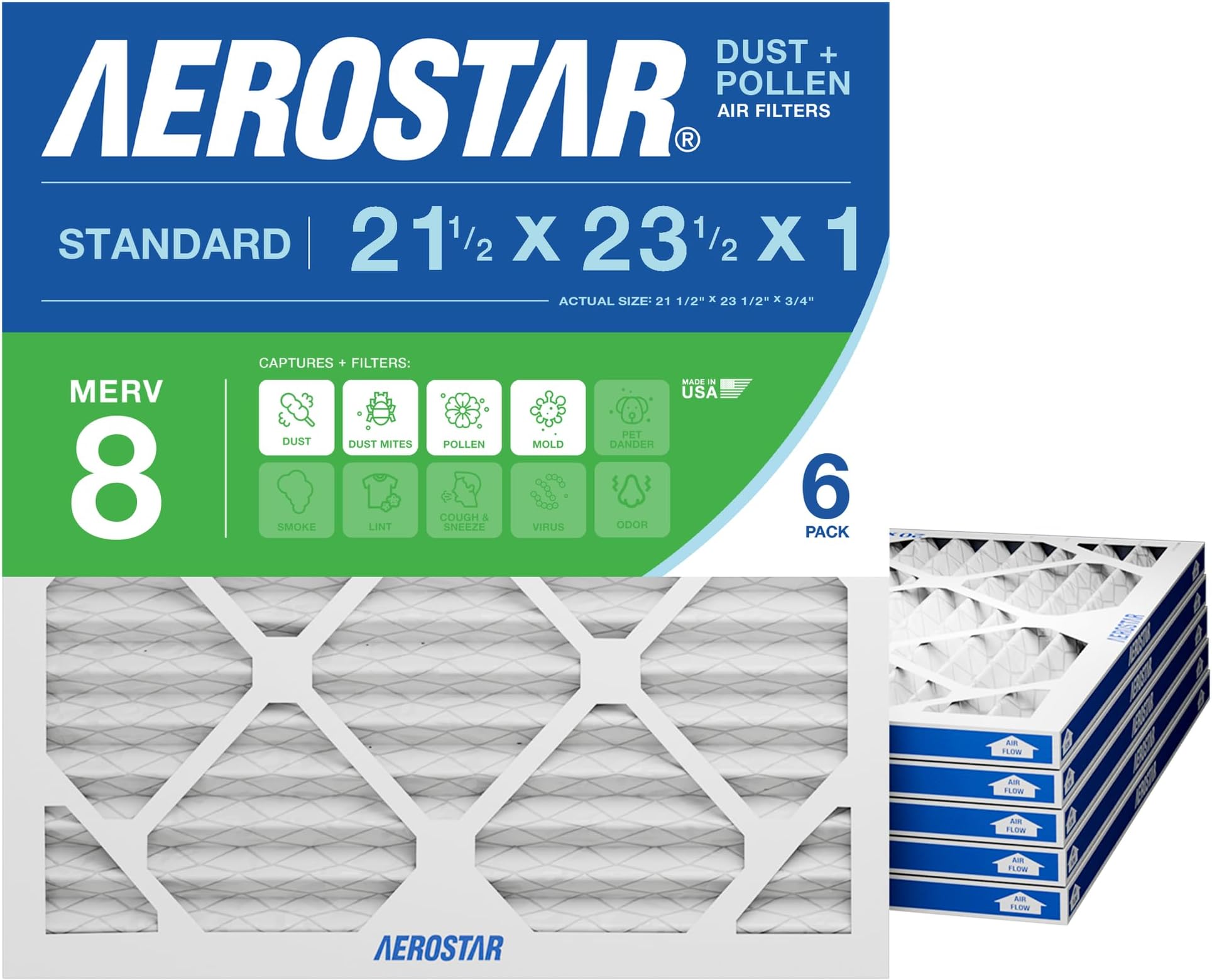 Aerostar 21 1/2x23 1/2x1 MERV 8 Pleated AC Furnace Air Filter, 6-Pack, Air Conditioner Replacement for Home, ACTUAL SIZE (21.5x23.5x0.75), HVAC Filter for Dust, Pet Dander, Pollen, Mold, Made in USA