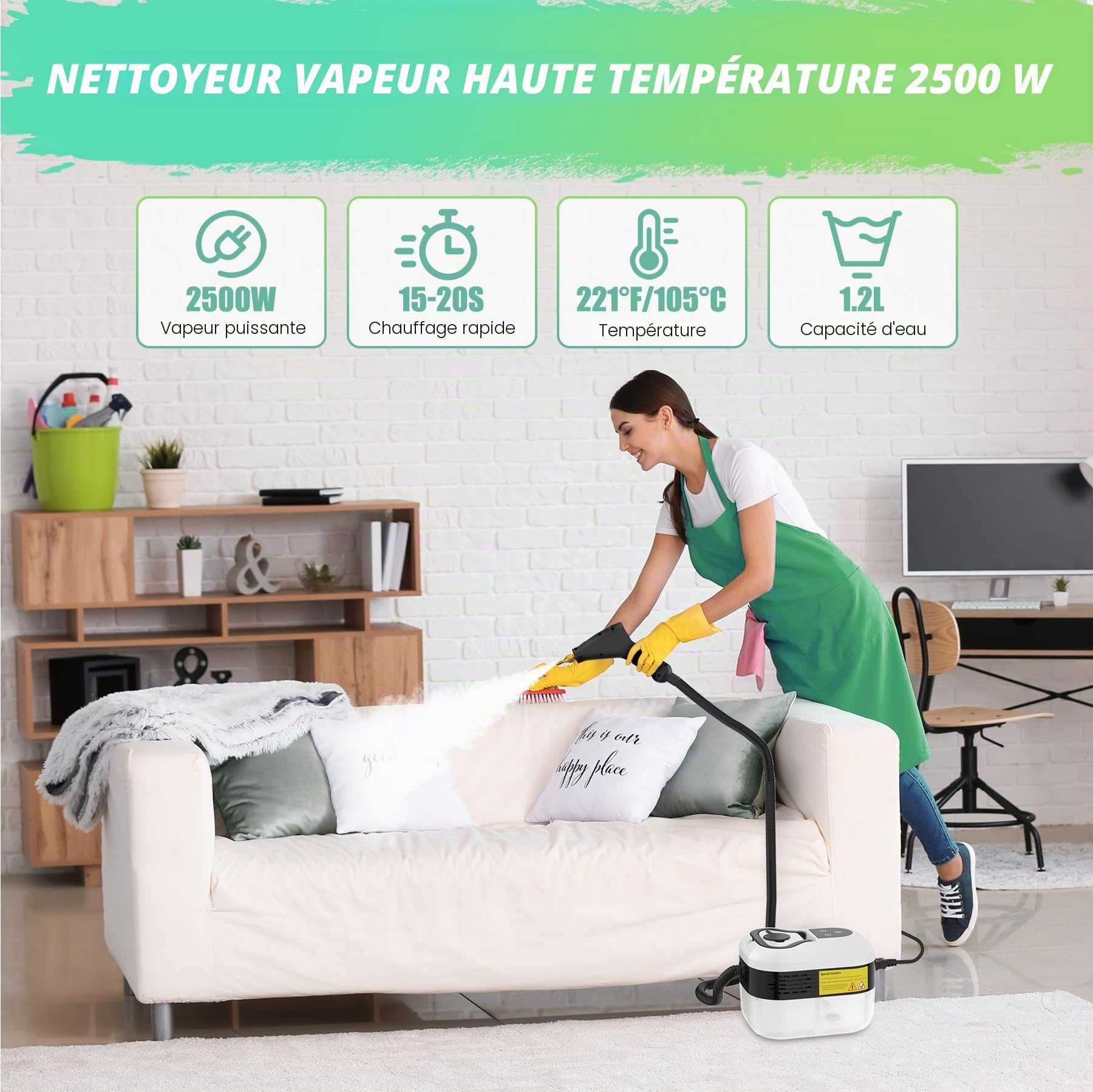 Nettoyeur Vapeur 2500W – 3 Bars, Chauffage 15S, Nettoyeur à Vapeur à Main avec Bouton Tactile Réglable, 4 Têtes de Brosse, Poignée Réglable 3 Niveaux, pour Cuisine, Salle de Bain, Voiture et Carrelag