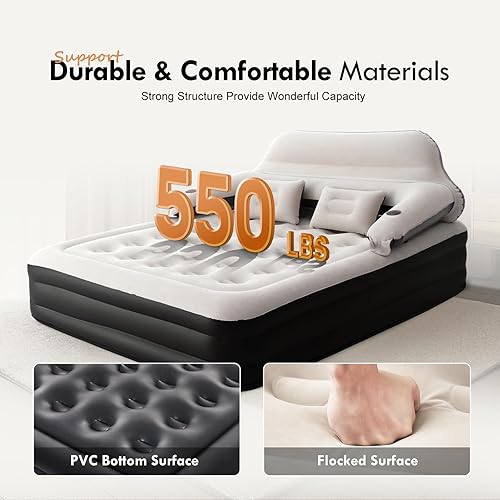 Miniatura 4 de DIMAR GARDEN Colchón de aire tamaño Queen con cabecera y bomba, colchón inflable inflable con almohadas