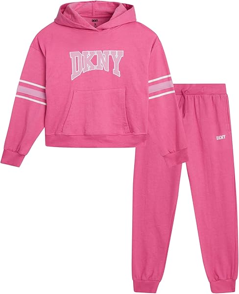 DKNY Girls Jogger Set - 2 Piece Soft Fleece Athletic Pullover Hooded Kids Sweatshirts and Jogger Sweatpants for Girls