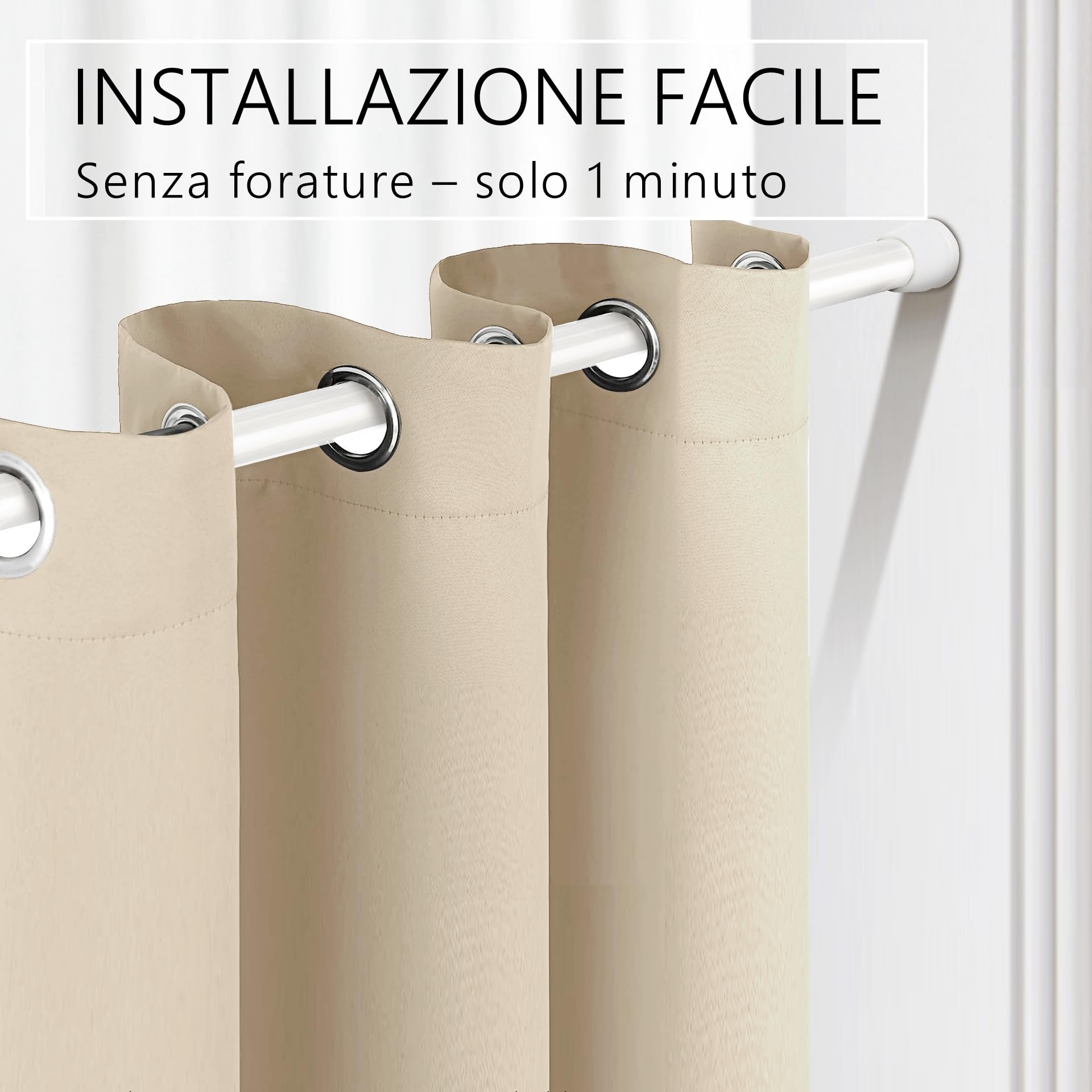 tenda per porta o armadio con asta telescopica, facile da installare in 1 solo minuto senza forare (tenda beige + asta bianca, larghezza porta 55-90 cm)