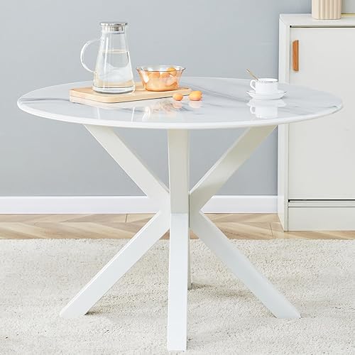 Miniatura 2 de Mesa redonda de mármol sintético blanco de 42 pulgadas para 4-6 personas, mesa moderna en forma de X de mediados de siglo para comedor, cocina, sala