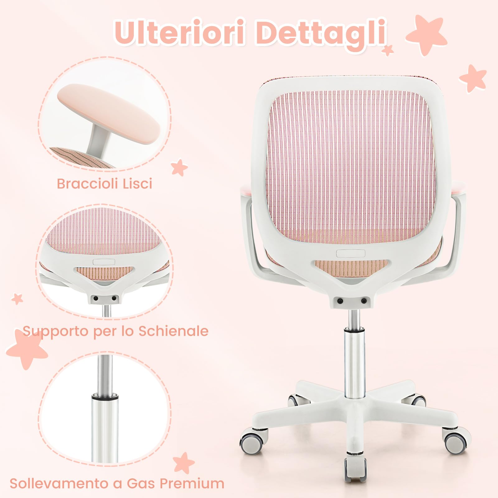 COSTWAY Sedia da Scrivania per Bambini, Sedia Girevole per Computer con Altezza Regolabile, Ruote con Freno, Braccioli Morbidi, Mobile Ergonomica per Bambini 6-15 Anni (Rosa, Rullo di Pressione)