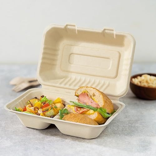 Miniatura 40 de KARAT EARTH Clamshell - Recipientes de alimentos para llevar [9 x 9 pulgadas, 200 unidades] 3 compartimentos Contenedores compostables