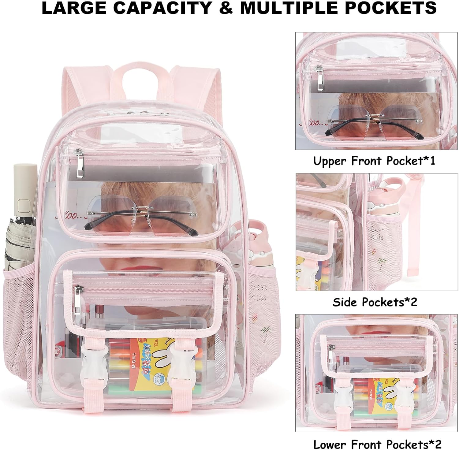 Clear School Backpack for Girls Boys, Heavy Duty PVC See Through Transparent Bookbag for Kids Women Men (Light Pink) - Image 2