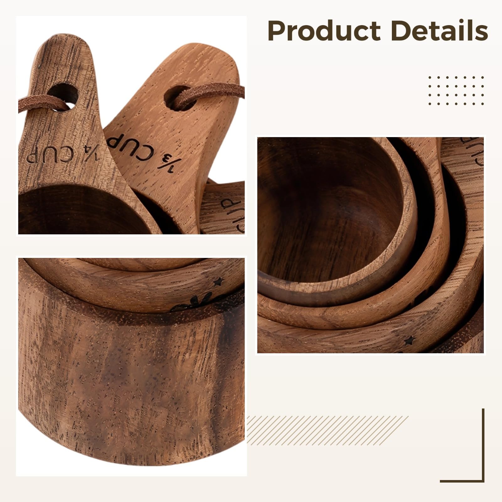 Juego de 4 tazas medidoras de madera, hechas de madera de nogal sudamericano, grabadas para hornear y cocinar, diseño de anidación
